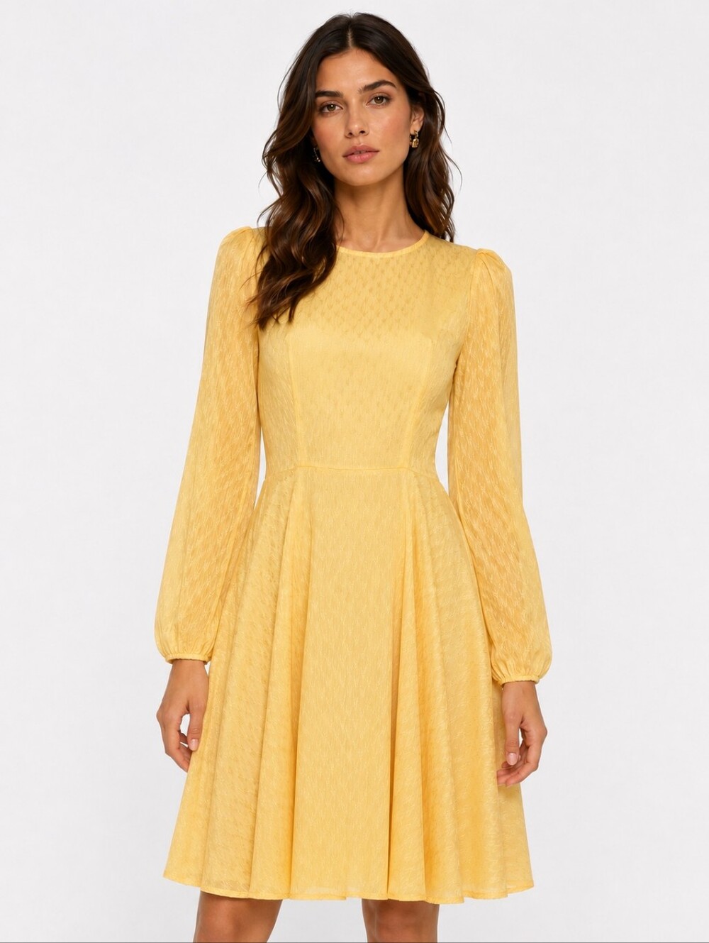 Maje Yellow Jacquard Long Sleeve Skater Dress Size 38 US Medium